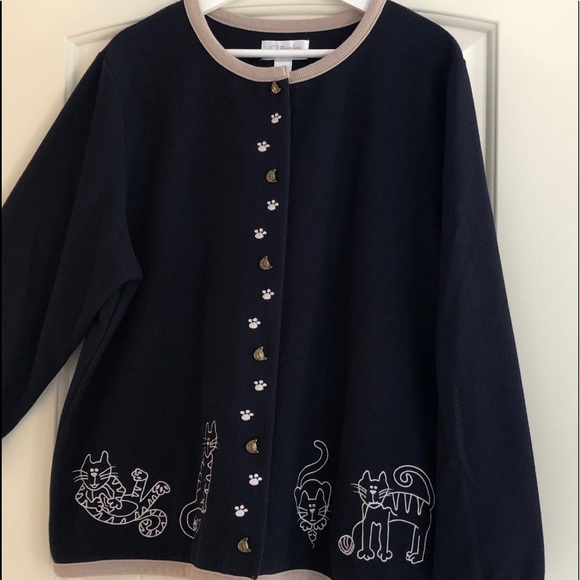 CJ Banks 1X Cardigan Cat Dog Embroidered Cat Navy - Picture 1 of 8